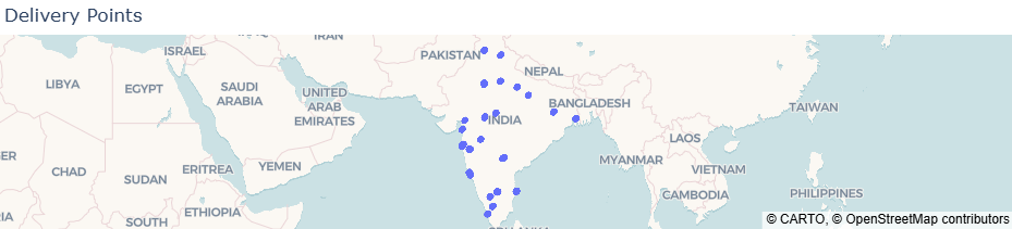 The coordinates delivery_latitude and delivery_longitude plotted on an interactive map.